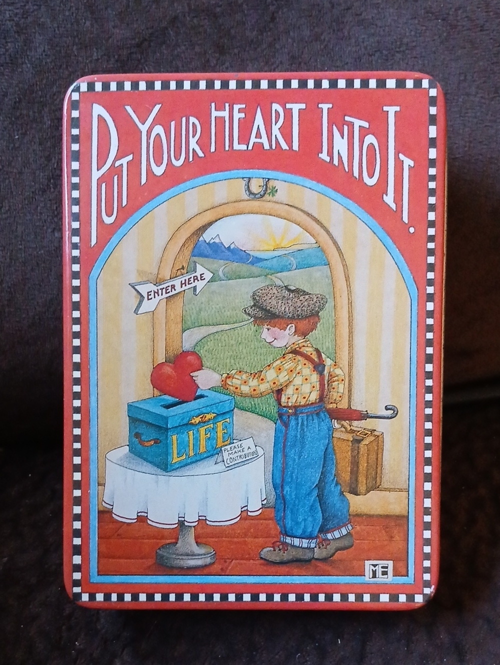Mary Engelbreit Small Storage Tin Box Red "Put Your Heart Into It"